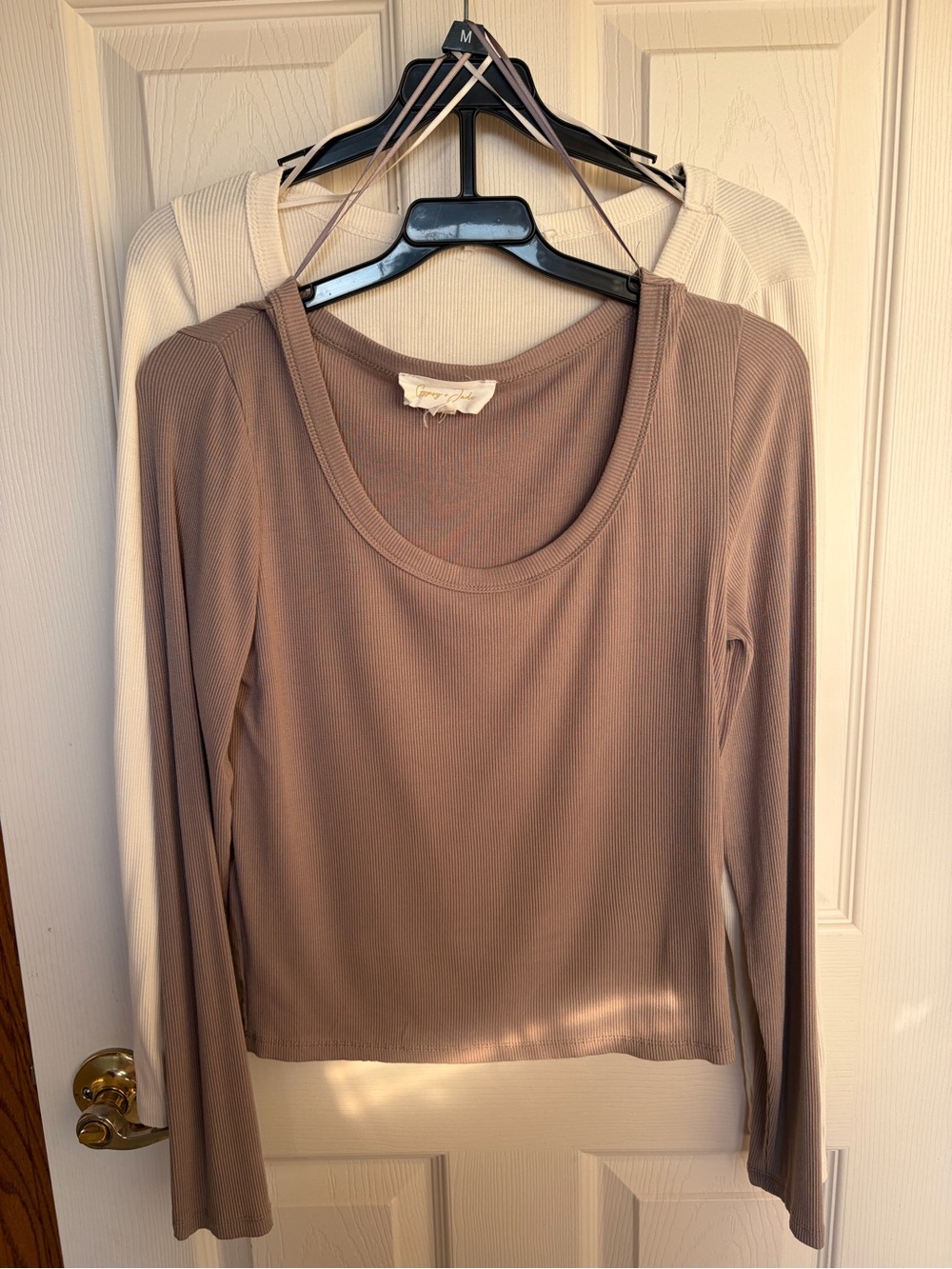 Pair Long Sleeve Scoop Neck Women's Top — Taupe and White